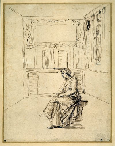 一个坐在房间里的女人（纸上钢笔和棕色墨水 作者 Annibale Carracci