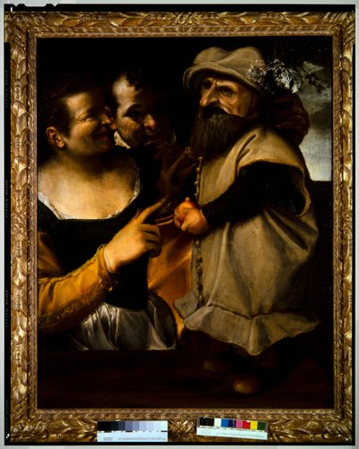 欣赏化妆舞会服装儿童的男女，约 1582-85 年（布面油画） 作者 Annibale Carracci
