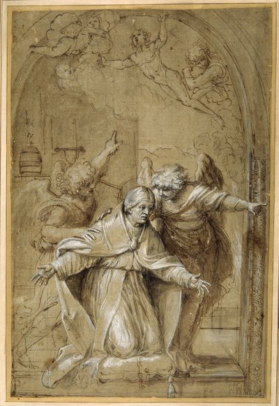 St Gregory attended by angels praying for souls in Purgatory (pen & brown ink with brown wash and heightening) 作者 Annibale Carracci