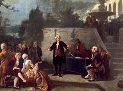 意大利剧作家卡洛·戈尔多尼 (1707-1793) 在比萨斯科托花园 (Annibale Gatti, 1828 - 1909 年) 的比萨斯科托花园 (Colonia Alfea)（相当于比萨阿卡迪亚学院）的成员面前宣布一首十四行诗 作者 安妮巴勒·加蒂（Annibale Gatti）