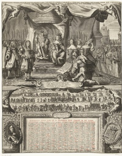 1674 年与英国媾和的寓言和 1675 年历书
Vereenichde Nederlantsche danckbaerheyt, aen Carolus II.Coninck of Hisp. etc. on tracting their peace with Carolus II.Coninck of Great Britannien, ende de herstelli 作者 加斯帕·于布雷希茨