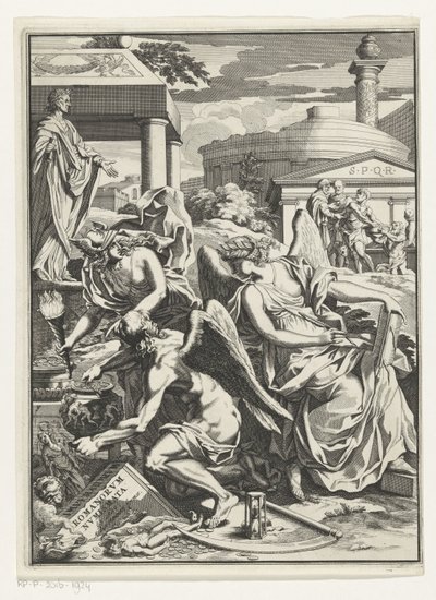 历史的寓意描绘，时间老人手持一罐硬币
扉页：卡尔-帕廷，Imperatorum romanorum numismata，s.a. 作者 西蒙·泡利（可能）