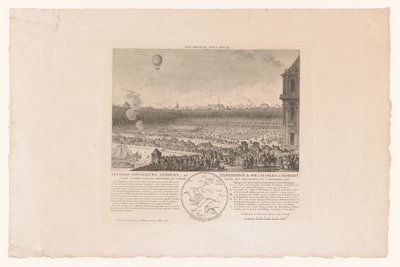 查尔斯和罗伯特-范-帕里斯到博蒙特的巴隆之旅，1783 年 12 月 1 日在杜乐丽花园附近发生
Seconds voyageurs aériens, ou Expérience de MM. Charles et Robert, faite à Paris dans le parterre du jardin royal des Tuilleries le 1er déce 作者 雅克·弗朗索瓦·舍罗