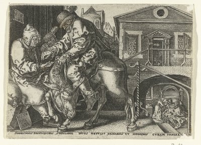 Barmhartige Samaritaan betaalt de herbergier Parabel van de Barmhartige Samaritaan (series title) 作者 海因里希·阿尔德勒弗（Heinrich Aldegrever）