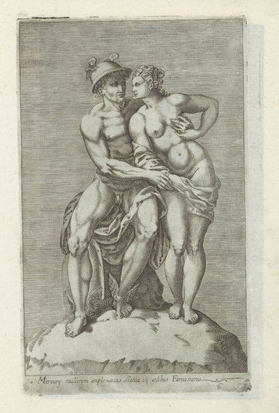 墨丘利和一个神像
Mercury mulierem amplexantis statua in aedibus Farnesianis（物品上的标题）
罗马的古代雕塑（系列名称）
Antiquarum statuarum urbis Romae quae in publicis locis visuntur icones（系列标题） 作者 无名氏