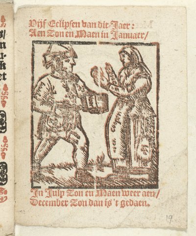 绘有一位克拉默和一位妇女的立像的页面，1712 年
In welck Lidt de Maen is / waer u doot / bloet te laten ten zy grote noot; Als Peste / Pleures is / ende sulck quaet / oock niet sonder des Meestersraet（标题见实物） 作者 无名氏