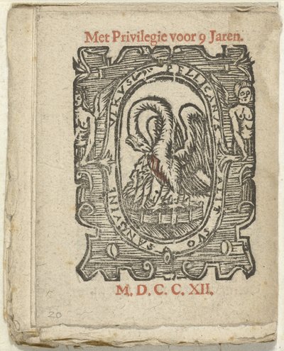 带出版商标记的页面，1712 年
In welck Lidt de Maen is / waer u doot / bloet te laten ten zy grote noot; Als Peste / Pleures is / ende sulck quaet / oock niet sonder des Meestersraet（标题见实物） 作者 weduwe 斯莱杰斯