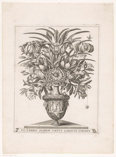 狮头花瓶中的鲜花
UT VERDAT FLOREM VIRTUS LARGITUR HONOREM（物品上的标题） 作者 雅各布斯·肯彭纳