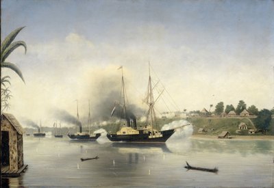 1858 年 9 月 8 日，政府海军舰艇 "西里伯斯 "号、"范金斯伯根海军上将 "号和 "Onrust "号炮击丹比苏丹仓 作者 无名氏