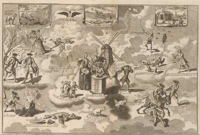 坐在叮当作响的椅子上的失败的行动者，1720 与 Rinkels 一起坐在椅子上的被击败的行动主义者，后者被 Lauwered Paard van Troje（物体上的标题）碾压 愚人大场面（系列名） 作者 无名氏