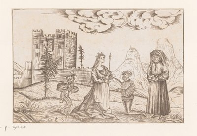 城堡前风景中的三个人和一个魔鬼 作者 Martin Schongauer（伪造）