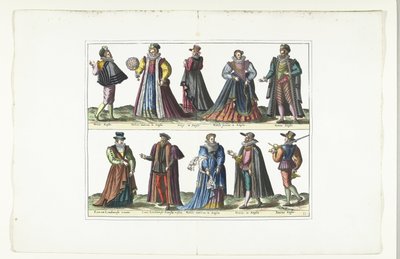 展示五男五女英国时尚着装的双版画，约 1580 年
Anglais 服装（物品上的标题） 作者 无名氏