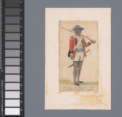 为英国东印度公司服务的黑人士兵
Ein Seapoy, oder Ostindischer Soldat im Dienst der Englischen Compagnie（标题见实物） 作者 无名氏