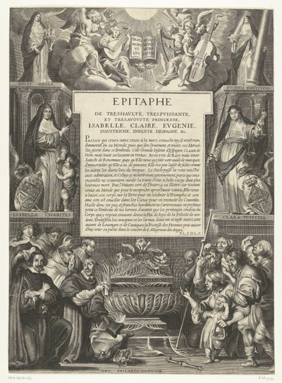 伊莎贝拉-克拉拉-尤金妮亚墓志铭，1633 年
为非常高贵、非常强大、非常庄严的公主伊莎贝拉、克莱尔、尤金妮、奥地利公主、西班牙王妃等撰写的墓志铭（题名见实物） 作者 无名氏