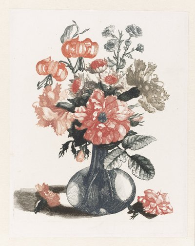 玻璃花瓶中的五幅鲜花版画
玻璃花瓶中的花朵，一朵在左，一朵在右 作者 无名氏