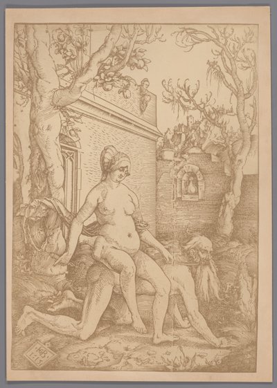 汉斯·巴尔东·格里恩 (Hans Baldung Grien) 的木刻亚里士多德和菲利斯的照片复制品 作者 汉斯·巴尔登·格里恩