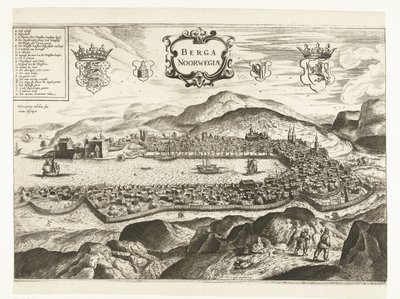 卑尔根（挪威）风景，1665 年
Berga Noorwegiae（物品上的标题） 作者 弗雷德里克·德·威特