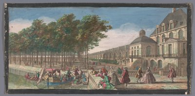 Gezicht op de Cour de la Fontaine van het Palais de Fontainebleau
从巴黎枫丹白露宫拍摄的枫丹白露城堡侧翼景观（标题见实物） 作者 无名氏