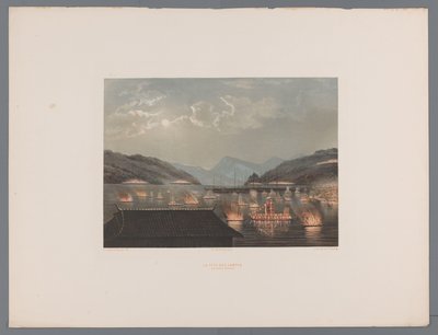 日本海湾的景色，燃烧的船只被灯笼照亮 La fete des lampes les morts s