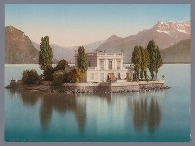 日内瓦湖萨拉尼翁岛的景色，背景是 Dents du Midi lac Léman, Ile de Salagnon et la Dent du Midi（物体上的标题） 作者 Photochrom 苏黎世