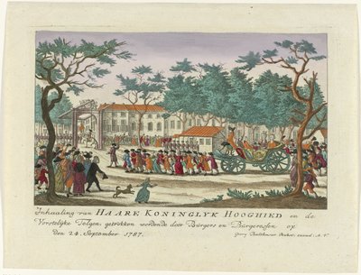 奥兰治公主和孩子们的藏品，1787 年
Inhaaling van Haare Koninglyk Hooghied en de Vorstelijke Telgen, getrokkende door Burgers en Burgeressen op den 24.1787 年 9 月 24 日
有关事件的德国彩色印刷品 作者 无名氏