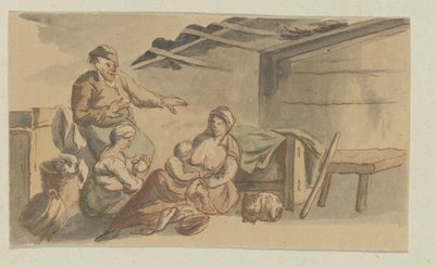 室内有两名喂食的妇女、两名儿童、一名男子和一只猫 作者 无名氏