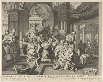 约瑟向他的兄弟们表明自己的身份
Ioseph se fratribus patefacit, eosque solatur et patrem accersit（物上标题）
皇家圣经》（系列名称） 作者 热拉尔·德·莱瑞斯
