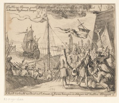 国王詹姆斯二世率领法国军队离开布雷斯特前往爱尔兰，1689 年 詹姆斯国王与阿沃伯爵、法国军队和装满图像和绳索的船只从布雷斯特出发 / K：雅各布·韦特雷克特·范布雷斯特与达沃和弗兰 作者 约翰内斯·坦格纳 (17e eeuw)