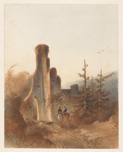 两个骑士在废墟附近的风景 作者 David Pièrre Giottino Humbert de Superville（拒绝署名）
