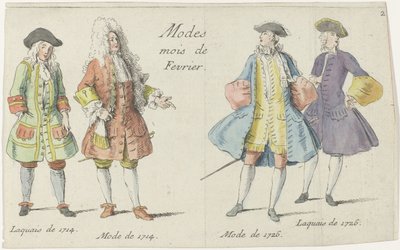 Modes Mois de Fevrier（物体上的标题） 四名男子穿着 1714 年和 1726 年的时尚 法国美居酒店（系列名称） 作者 无名氏