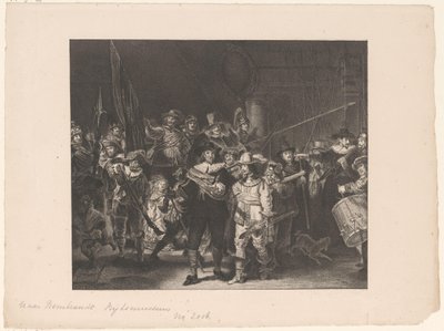 由 Frans Banninck Cocq 上尉和 Willem van Ruytenburch 上尉领导的阿姆斯特丹第二区的军官和其他炮手，被称为 "守夜人"。 作者 无名氏