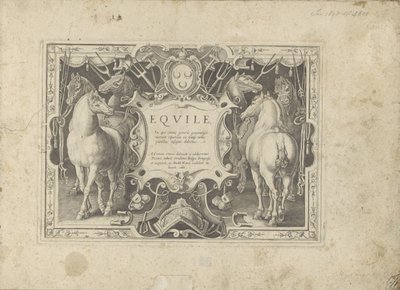 标题装饰图案，两侧有马
Equile, in quo omnis generis generosissi: morum equorum ex varijs orbis partibus insignis delectus（......）（物体上的系列标题） 作者 阿德里亚恩·科拉特