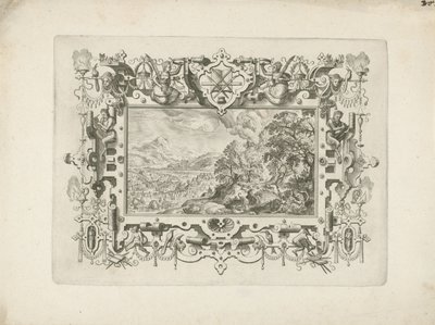 带有卷轴和人物的装饰框，展示维纳斯和阿多尼斯的风景画 作者 西奥多·加勒