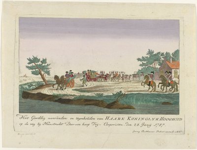 奥兰治公主 1787 年在 Goejanverwellesluis 被捕
1787 年 6 月 28 日，一群自由党人在哈斯特雷赫特附近的公路上袭击并拦截了公主殿下（标题见实物）
关于 d 的彩色德国版画 作者 乔治·巴尔塔萨·普罗布斯特（Georg Balthasar Probst）