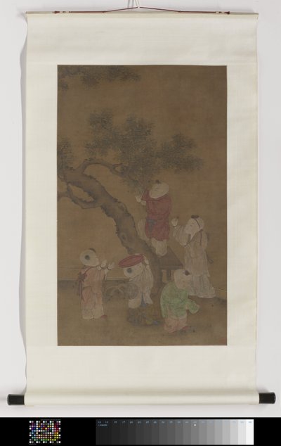 描绘五个男孩采摘柿子的卷轴画 作者 无名氏