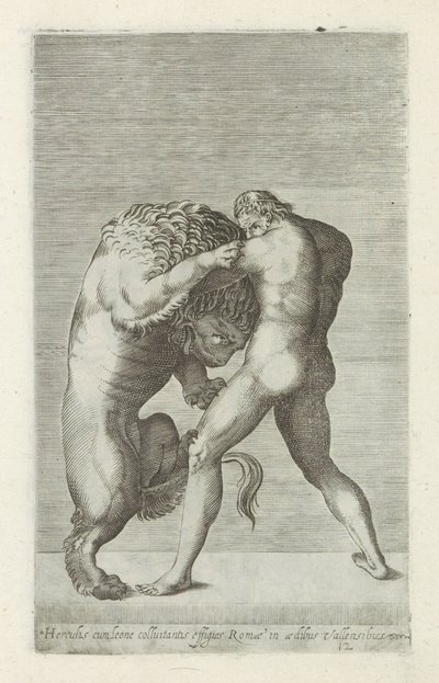 赫拉克勒斯与尼米亚狮子搏斗的雕塑
Herculis cum leone colluitantis effigies Romae in aedibus Vallensibus（物体上的标题）
罗马的古代雕塑（系列名称）
在公共场所可见的罗马城市古代雕像 i 作者 无名氏
