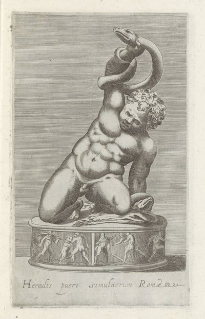 年轻的大力士与蛇搏斗的雕塑
Herculis pueri simulacrum Romae（物体上的标题）
罗马的古代雕塑（系列名称）
Antiquarum statuarum urbis Romae quae in publicis locis visuntur icones（系列名称） 作者 无名氏