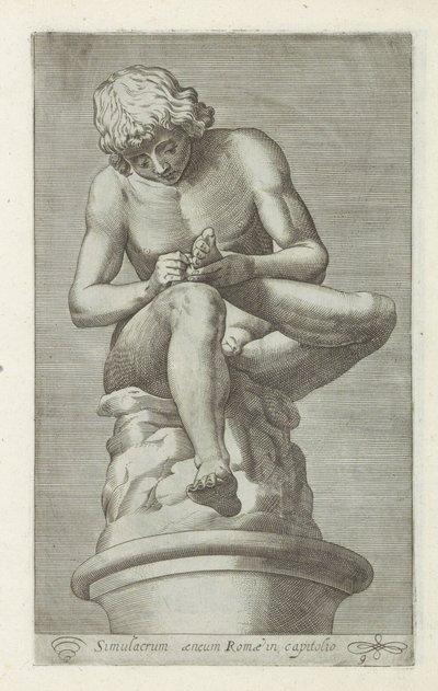 脚上有刺的男孩雕塑
斯皮纳里奥
Simulacrum aeneum Romae in capitolo（物品上的标题）
罗马的古代雕塑（系列名称）
Antiquarum statuarum urbis Romae quae in publicis locis visuntur icones（系列名称） 作者 无名氏