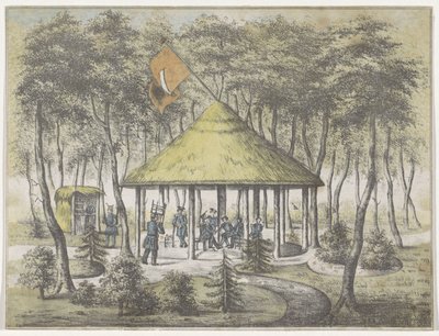 博克尔的寺庙和花园，1831 年
博克尔（Boekel）的寺庙和花园景观。由格罗宁根市民兵安排和布置。以表彰 1831 年 6 月 23 日对协会成员的友好欢迎，作为花园的纪念。 作者 扬·奥姆肯斯