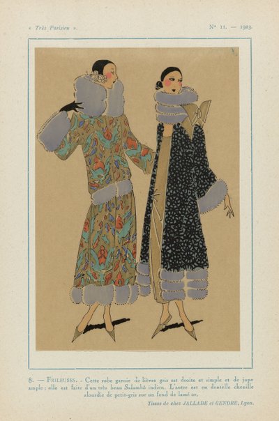 Très Parisien》1923 年第 11 期：8 - FRILEUSES。- 这款连衣裙镶有灰色兔毛边，... 作者 无名氏