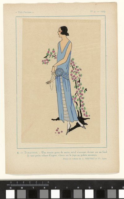 Très Parisien, 1923, No 9: 4 - TURQUOISE.- 狭长的摩尔纱裙... 作者 A. et Cie Prévost