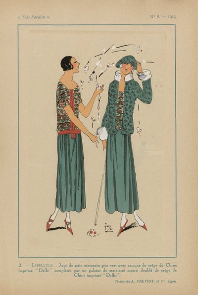 非常巴黎时尚、别致与优雅
Très Parisien》1923 年第 8 期：2.- LIBELLULE / 摩洛哥绸缎裙... 作者 A. et Cie Prévost