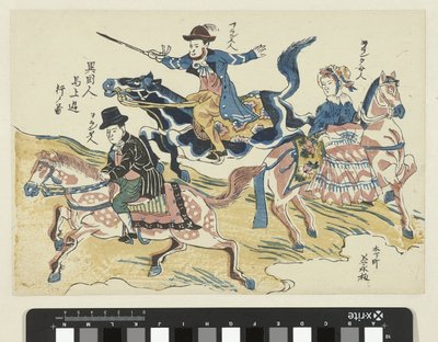 马背上的两男一女
伊国人骑马图（物上题名）
描绘骑马的外国人 作者 无名氏