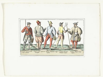 四位农民和一位农民的着装符合当前的流行趋势，约 1580 年
乡村模式（标题见实物） 作者 无名氏