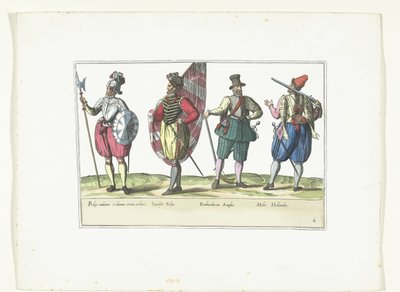 四名身着荷兰和英国流行制服的士兵，约 1580 年
巴斯士兵的服装（标题在实物上） 作者 无名氏