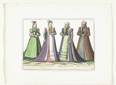 约 1580 年，奥格斯堡四位按照德国时尚穿着的女性
阿尔勒芒服饰（物品上的标题） 作者 无名氏
