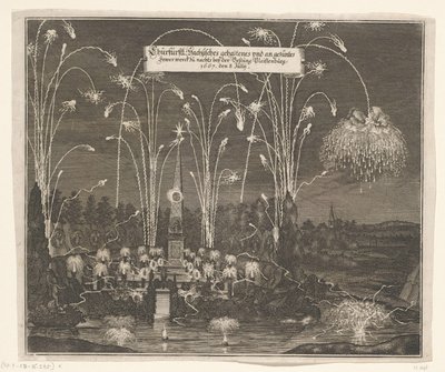 Vuurwerk bij de Pleissenburg，1667 年 7 月 8 日
选帝侯的：1667 年 7 月 8 日晚上在普莱森堡堡垒举行的萨克森封建工作和绘制的封建工作（标题在实物上） 作者 无名氏