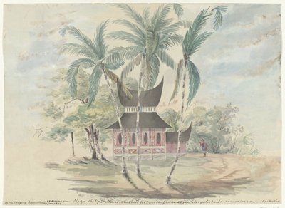 Radja Batipo 的住宅，由于他是 1841 年巴东高地叛乱的首领和领导者，因此被拆毁并烧毁，以示对他的惩罚和惩戒（标题见实物） 作者 无名氏