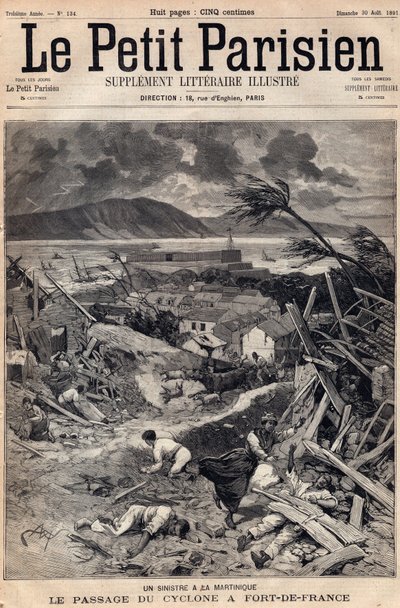 马提尼克岛的一场灾难：1891年在法兰西堡（Fort-de-France）的旋风通过。1891年8月在 "小巴黎人 "上的版画。私人收藏。 作者 匿名匿名