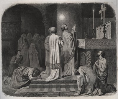 图尔的圣马丁（Saint MARTIN eveque de Tours，316-397）工作时，上方出现一个火球。1846年在《圣徒传》中的版画。私人收藏。 作者 匿名匿名